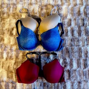 Victoria’s Secret bras; 3 bras; red, blue, beige; 38D